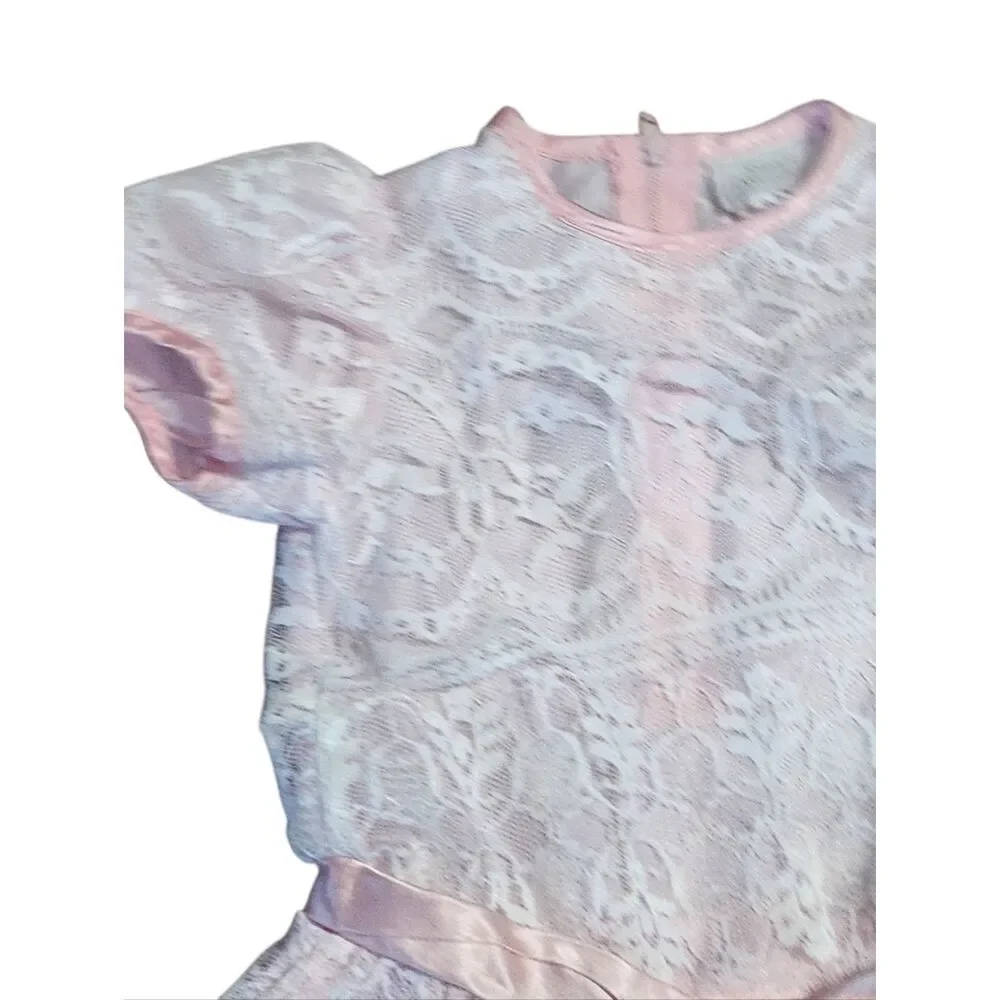 Vintage Small Wonder Lace Dress Girls Size 3T Pink 80s Short Sleeve